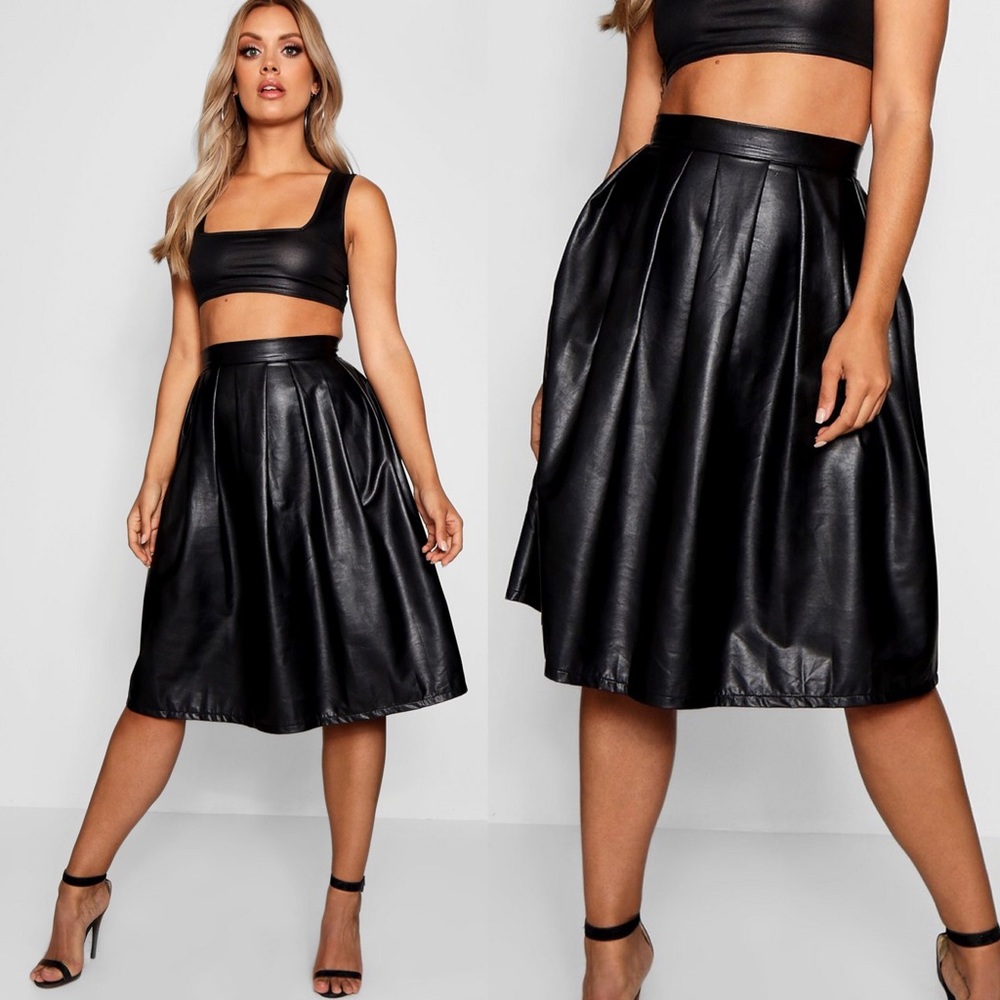 Black Leather Pleated Midi Skirt